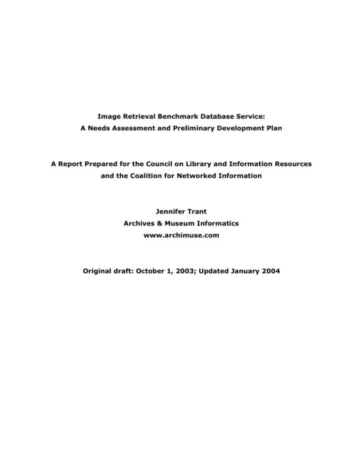 Thumbnail for Image Retrieval Benchmark Database Service: A Needs Assessment and Preliminary Development Plan